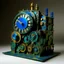 Placeholder: A greenish blue metallic factory with mechanical gears designed in African pottery painted by Gustav Klimt