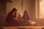 Placeholder: A close-up scene of an Arab mother reading the story from a book with her children around her in the room of the old wooden house near the fireplace 100 years ago.