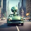 Placeholder: a cartoon alien driving a car down a road in New york, a character portrait by Mike Winkelmann, featured on cgsociety, pop surrealism, rendered in cinema4d, daz3d, behance hd