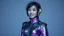 Placeholder: "Artistic photography (((FULL BODY from HEAD TO TOE + profile))), She is a Pleiadian woman with large bright almond-shaped eyes, she is beautiful and smiling, with indigo-purple blue skin, Asian style 40 years old, wearing a one-piece iridescent shimmering skintight spacesuit with gold designs down to her feet, she has pointed shoulder pads and a large high collar, a small cape, and skintight ankle boots the color of her suit with flat heels. She is wearing a transparent sci-fi style space helme