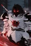 Placeholder: The character, in a striking white armour against a wintry backdrop stands with his hands behind his back inside the scene, he has a red and black circular symbol on his chest like a shield, a black pointed spear with a red handle on his back, His eyes are showing a dynamic expression and he wears a black oni mask with white teeth on it covering the bottom part of his mouth he has brown shoulder pads and a white belt with a bag attached to it. He has dark brown hair, he does not wear a helmet.