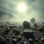 Placeholder: A striking quality close-up photograph captures a wasteland with odd stones, spooky, creepy, details of the dust very accentuated, glossy, early life forms, organic, adorned with minerals and rocks, fog. Bathed in intense light, eerie, Max Ernst style, black sun, fog, volumetric light