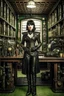 Placeholder: full-length pale dark-haired woman with a straight bob hairstyle with a fringe, in a steampunk leather outfit, and gloves, standing in a laboratory