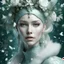 Placeholder: Beautiful silver and. Light blue, gradient green Leaves winter queen portrait, adorned with textured snow flakes, snowy greem mistletoe and pine leaves rococo style headdress wearing organic bio spinal ribbed detail of bioluminescence botanical rococo style costume, white camelia floral baclground, Golden dust and snowflake extremely detailed, textured hyperrealistic maximálist concept art, shot with Sony Alpha a9 Il and Sony FE 200-600mm f/5.6-6.3 G OSS lens, natural light, hyper realistic