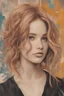 Placeholder: Ginger hair Jennifer Lawrence, Margot Robbie and Emily Ratajkowski of lovely bombshells punk rock girl style oil painting Gustav Klimt style, dream, symptom, image in the background in the city artgerm display Andy Warhol style artgerm display in the 20 th century New York City. New York was like an adventure , and the city itself seemed like a big illusion, full of light and shadows.