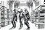 Placeholder: workers dancing in a industry factory with lot of wooden crates , a drawing with sketch lead pencil, no beards and light hair, the music video from AHA style (take on me)