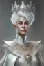 Placeholder: dnd character, queen with white regal dress, short silver hair and an ornate crown