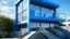 Placeholder: A modern architectural rendering showcases a two-story building with a swimming pool in the foreground. The building's facade is a mix of textures and colors, with a section featuring a rough, gray concrete finish and another part painted in a deep blue. The concrete section has horizontal lines suggesting stacked panels, and it includes windows with light blue frames. A white metal staircase is attached to the blue section of the building, leading upwards. A bridge-like structure with white rai