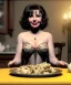 Placeholder: Ultra realistic photographic portrait, happy elegant Gina Lollobrigida woman sitting with arms resting on Italian kitchen table, pretty tortellini dish, classic style decoration, cold, soft color, highly detailed, unreal engine 5, ray tracing, RTX, lumen lighting, ultra detail, volumetric lighting, high definition.