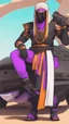 Placeholder: A close picture to Ramattra nemesis form as tank with Arab clothes in overwatch art style with black color and neon purple details in Desert