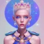 Placeholder: cosmic petit prince belle fine, profil de trois quart, grand front cosmique, peau bleu cristalline, yeux bleu, perle sur le front long cheveux blond et rose etoilé, cristaux sur le corps, collier de grande princesse, levres souriante, très jolie sourire