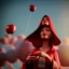 Placeholder: Red Riding Hood looks up to the sky while eating an apple on a balloon.