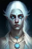 Placeholder: hauntingly beautiful character for dnd, young woman with white hair and blue eyes, angel, with moon necklace, scarred neck