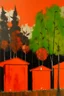 Placeholder: Dark orange treetops with birdhouses painted by Mark Rothko