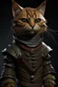 Placeholder: A realistic humanoid cat, scruffy and scarred, wearing a leather doublet