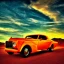 Placeholder: art deco, muscle car, desert road, sunset, full colour, hd,