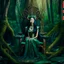 Placeholder: A beautiful as a model asian woodland elf princess who looks like Lucy Liu seated on a throne in a mystical forest