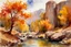 Placeholder: Sunny day, autumn trees, rocks, fantasy, mountains, epic, john singer sargent watercolor paintings