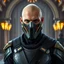 Placeholder: bald male corellian jedi wearing gunmetal grey and black old republic armored flightsuit and breath mask with gold and metallic red trim inside the jedi temple, centered head and shoulders portrait, hyperdetailed, dynamic lighting, hyperdetailed background, 8k resolution, volumetric lighting, light skin, fully symmetric details