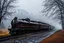 Placeholder: An old vintage train station on a foggy day, add deep dark color and reflections in and around the old stempunk train