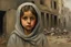 Placeholder: Grey sky, crying little palestinian girl wearing kuffeah , rocks, destroyed buildings , emotional influence, friedrich eckenfelder and willem maris impressionism paintings