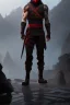 Placeholder: muscular ninja assassin, athletic build, wearing black and red baggy pants with pockets, dark hood and balaclava mask, tan skin, big boots, two daggers, dark hazel eyes, eyes are both in proportion and green, 3/4 look, short brown hair, standing, dark cobblestone alley, one vertical white light behind head, non photorealistic rendering in the art style of j.scott campbell