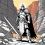 Placeholder: [comics Head Lopper style by Andrew MacLean] The hero, clad in plate armor, his two hands on the hilt of his zweihandsword, stands guard at the narrow passage in the canyon. Guard up, he knows he may die protecting the valley.The sun beats down mercilessly, casting harsh shadows across the rocky terrain. The hero's armor gleams in the sunlight, a beacon of strength and determination. His grip tightens on the hilt of his massive sword, ready to face whatever may come.