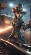 Placeholder: flashy magazine cover illustration, fallout 4 docks setting, horror weird cowboy wizard cyberpunk weasel in female garments on top of train ,holding dynamite, getting hit by lightening electric arc, with big disturbed eyes,bokeh like f/0.8, tilt-shift lens 8k, high detail, smooth render, down-light, unreal engine, prize winning