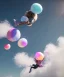 Placeholder: Ultra realistic speed clouds sky scene, wide angle view, sweet childs falling down, inflatable color clothing, free jumping flying, many trinkets, hair monster, many jelly beans, balls, color smoke, smile, happy, circus style, extreme, wind, clouds sea, 20,000 feet altitude, stratosphere, soft color, highly detailed, unreal engine 5, ray tracing, RTX, lumen lighting, ultra detail, volumetric lighting, 3d, finely drawn, high definition, high resolution.