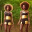 Placeholder: Biologically Female Twins, black skin, tall and slender, long afro kinky hair,big brown eyes, warrior wear. Gold accents on clothing. Surround by trees. Holding golden spears. Starry night