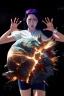 Placeholder: An image of a young Korean woman with a eyes closed expression happy, holding her hands up as if she is reacting to a catastrophic event in front of her. Film, cinematic, realistic, extreme depth of field, She is wearing a white blouse with detail, blue shorts, and sunglasses pushed up onto her head. In front of her, there is a highly detailed planet resembling Earth, dramatically cracking and breaking apart with fiery explosions and molten lava visible at the fractures.
