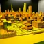 Placeholder: A yellowish orange colored blocky city with a construction zone designed in Moroccan rug art painted by Andy Warhol