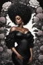 Placeholder: Create an urban art drawing image of a curvy size black female wearing a black off the shoulder blouse and she is looking down with Prominent makeup. Highly detailed tightly curly black afro. Background of large black flowers surrounding her