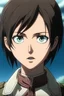 Placeholder: White skin, pink lips, and short black hairBrown eyes in anime attack on Titans