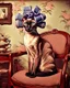 Placeholder: Create an old hyper realistic photo of an Oriental shorthair Siamese cat sitting in a chair with curlers on her head. In an old fashioned background with a nice botanical wallpaper, an old painting in the background. A vintage look, soft colors, a grunge filter.