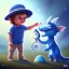 Placeholder: 1yo little szymon is on safari onthe moon. petting a blue dinosaur. he has big binoculars and a funny hat. High detailed. Cinematic. Digital painting. Warm lights.