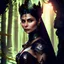 Placeholder: Morena Baccarin as a beautiful sexy dark elf queen seated elegantly on a throne in a mystical forest, dark celtic vignette frame, photo-realistic, cinematic lighting, award-winning photography