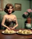 Placeholder: Ultra realistic photographic portrait, happy young Gina Lollobrigida woman sitting with arms resting on Italian kitchen table, pretty tortellini dish, retro dress by 1960, classic style decoration, cold, soft color, highly detailed, unreal engine 5, ray tracing, RTX, lumen lighting, ultra detail, volumetric lighting, high definition.