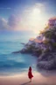 Placeholder: Eastern Mediterranean woman on the seashore, looking forward, alone in the place, the sun is shining and the sky is clear, true colors, photorealism and realism.