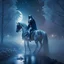 Placeholder: Gorgeous paladin at night moonlight reflecting from shining armor, on a bridgewith black fog