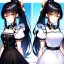 Placeholder: Clear focus, 8k, beautiful lighting, vibrant colors, girl, black hair, long hair, vibrant golden eyes, ponytail, same twins, black hair, golden eyes, same clothes, maid,