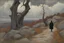 Placeholder: dry trees, autumn, clouds, rocks, one person, horror gothic movies influence, wilfrid de glehn and gustave caillebotte impressionism painting