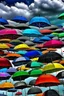 Placeholder: Cloudy sky. It's raining. The sky is fully filled with so many umbrellas of diverse colors.