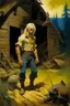 Placeholder: 1970's dark fantasy cover dnd style oil painting of a wasted hobo skinny medieval farmer blond man with sport outfits working at a hunted house with minimalist far perspective. Magazine.