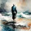 Placeholder: Old man with rolled up pantlegs standing in the ocean on shore, ocean waves to horizon, impressionism, watercolor and ink painting, medium brush strokes, romantic background, ink splatter, depiction of light in in its changing qualities, by Claude Monet and Bill Jacklin, dynamic composition, by Russ Mills, cool colors,