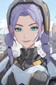 Placeholder: Young Woman with pigtails and lavender hair, vivid blue eyes, wearing futuristic paladin attire, grinning, urban background, RWBY animation style