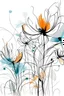 Placeholder: Ink drawing of abstract flowers, line drawing, white background, negative space, splashes of soft colours