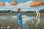 Placeholder: woman standing next to a lake looking at flying mushrooms, with jellyfish tenacles in a blue sky