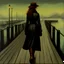 Placeholder: Painting of a woman wearing a long black coat and brown leather boots walking on a pier, inspired by John Atkinson Grimshaw, inspired by Jacob Schikander, inspired by John Petty, by a pier, Carl Critchlow. Moody, John Capel, by Jacob Schikander, by John Atherton, by John Alexander, by Eamon Everell, by John Laurie Morrison, Waves breaking on the pier, in the background a full moon shining in yellow light, A thick mist rises from the water