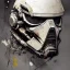 Placeholder: photorealistic death trooper helmet with weathered painting , illustration on coarse canvas by <agnes cecile> and <Yoji Shinkawa>, ornate and intricate details , soft smooth lighting, ultra detailed concept art,